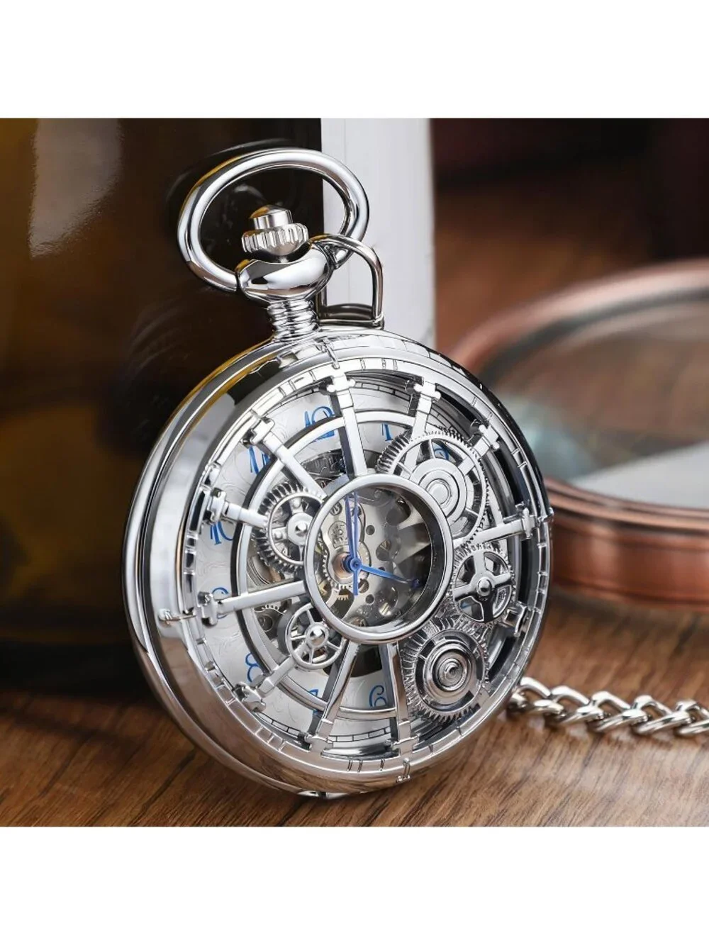 Men's Silver Vintage Style Hollow-Out Round Gear Arabic Mechanical Pocket Watch